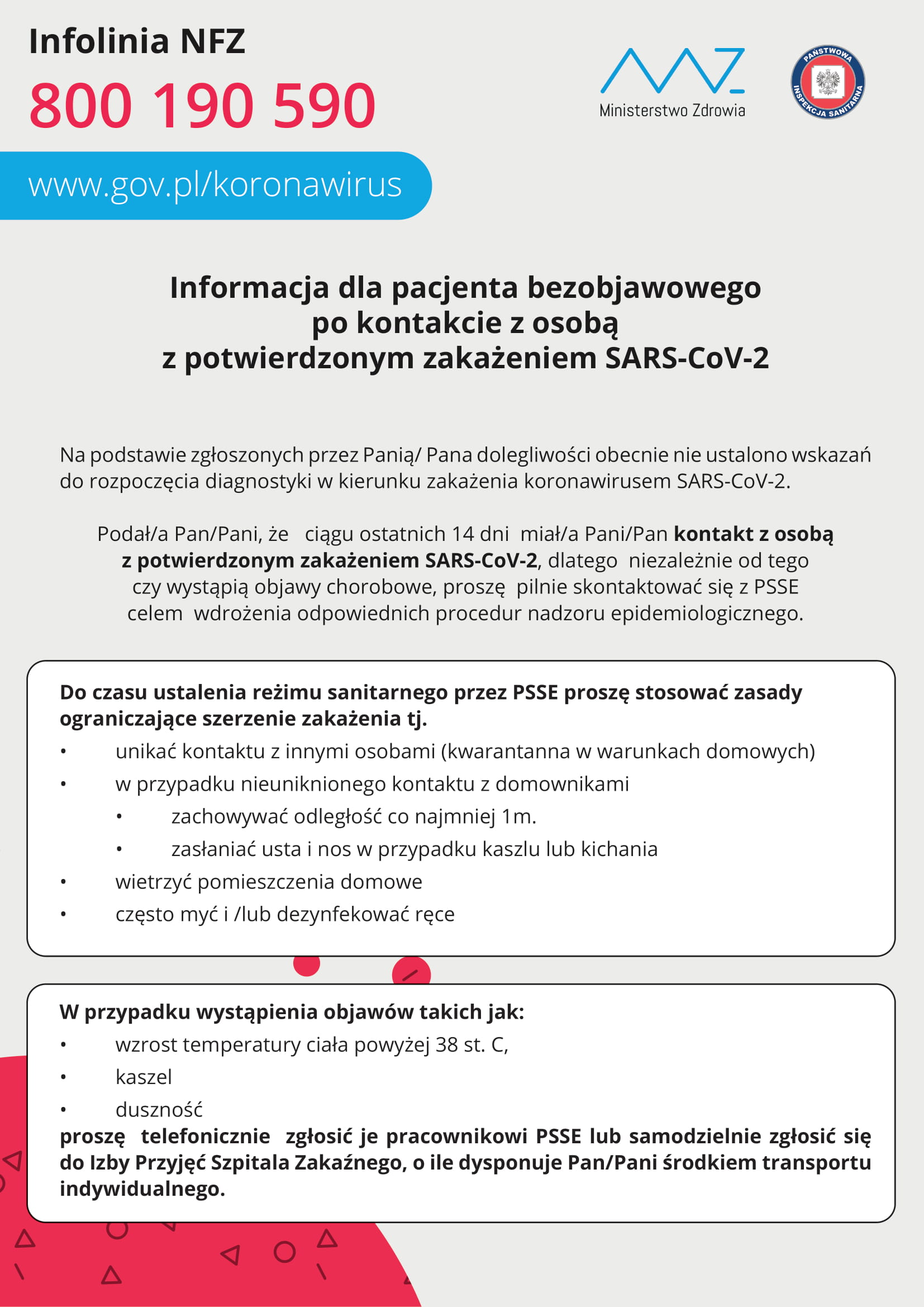 Informacja dla pacjenta bezobjawowego po kontakcie z SARS-COV-2